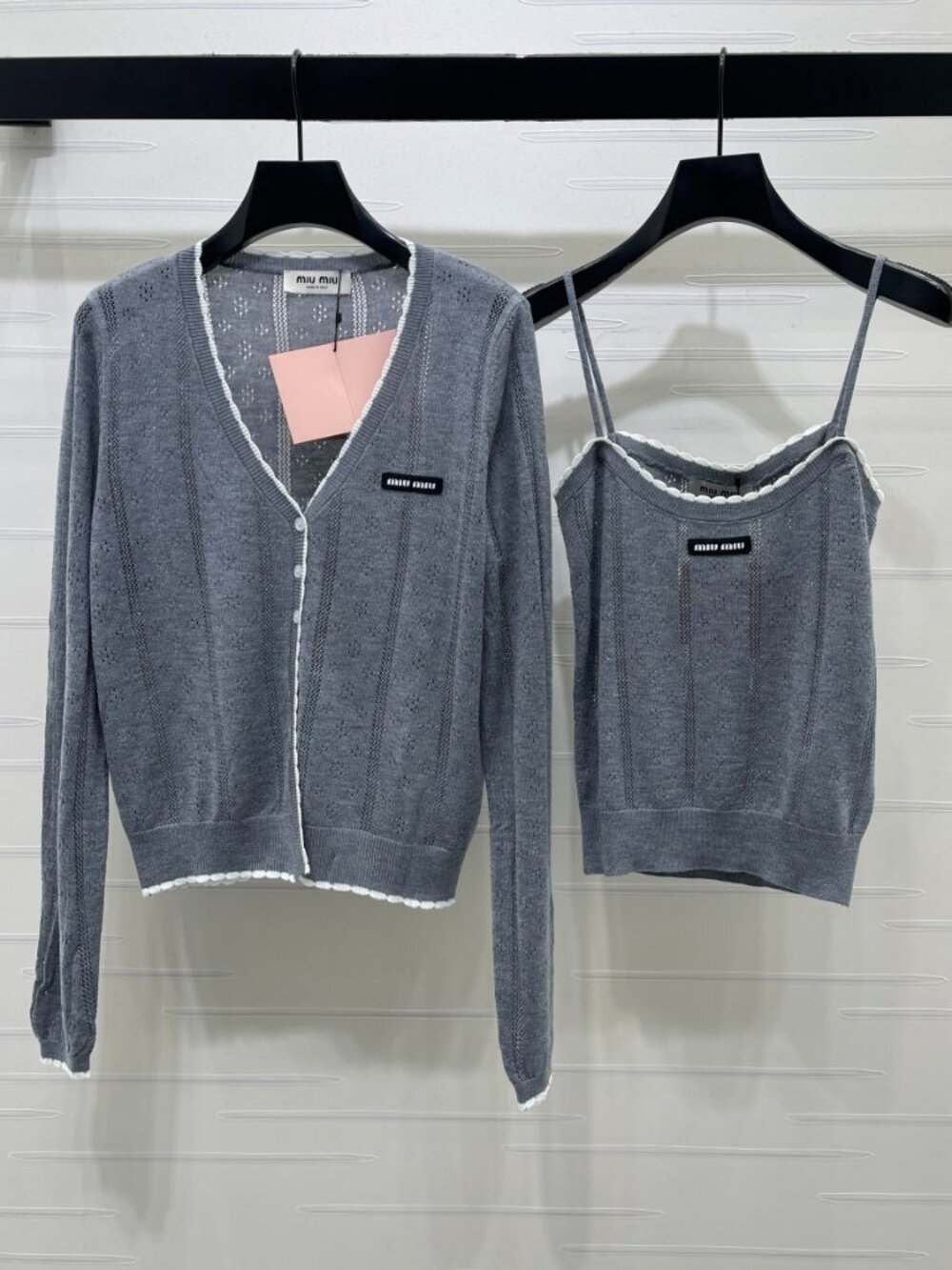 Miu Miu Grey Pointelle Knit Cardigan & Cami Set